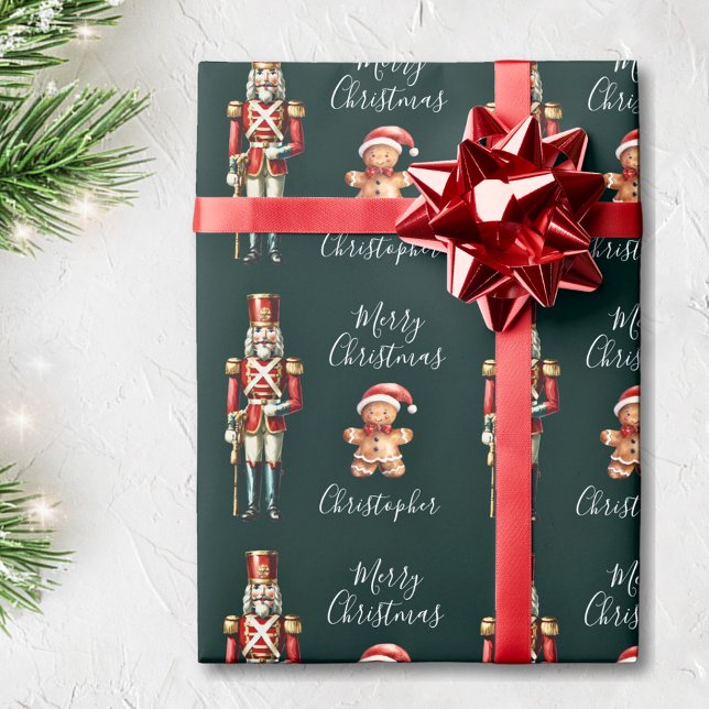 Papel De Presente Feliz Nutcracker Escuro Verde Personalizado Natal (Criador carregado)