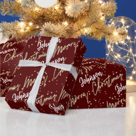 Papel De Presente Feliz Ouro De Natal Do Nome Burgundy