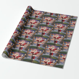 Papel De Presente Feliz Papais noeis de Natal e Árvores de Natal