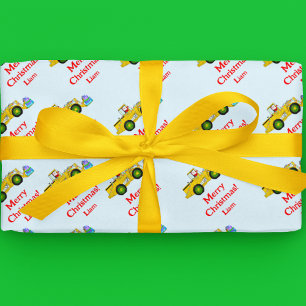 Papel De Presente Feliz Papais noeis De Natal Em Bulldozer Oferecend
