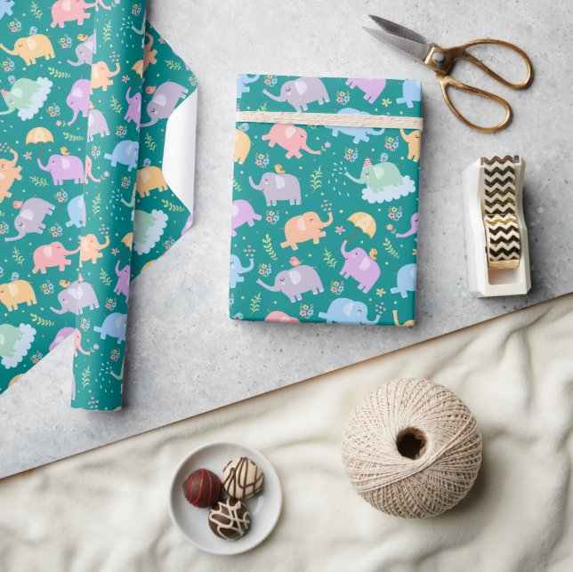 Papel De Presente Feliz Partido do Jardim Elefante com flores de gua (Artesanato)