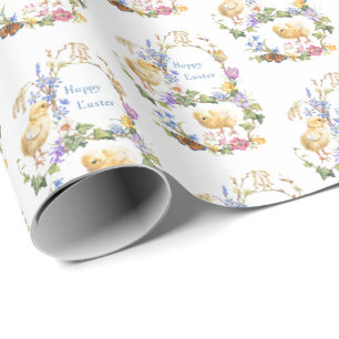 Papel De Presente Feliz Páscoa Aquarela Pintinhos Coroa Floral