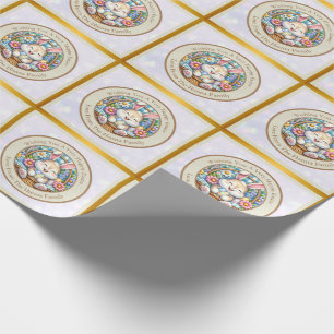Papel De Presente Feliz Páscoa Com Coelhinho Fofo, Ovos e Floral