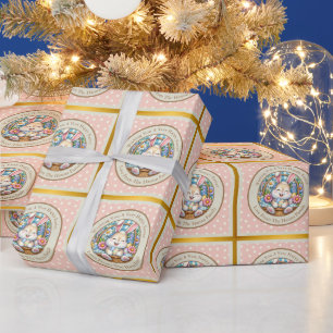 Papel De Presente Feliz Páscoa Com Coelhinho Fofo, Ovos e Floral