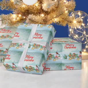 Papel De Presente Feliz Pássaro de Natal e presentes
