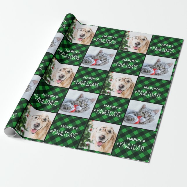 Papel De Presente Feliz Pawlidays Green Buffalo Xadrez Dog Foto de P (Desenrolado)