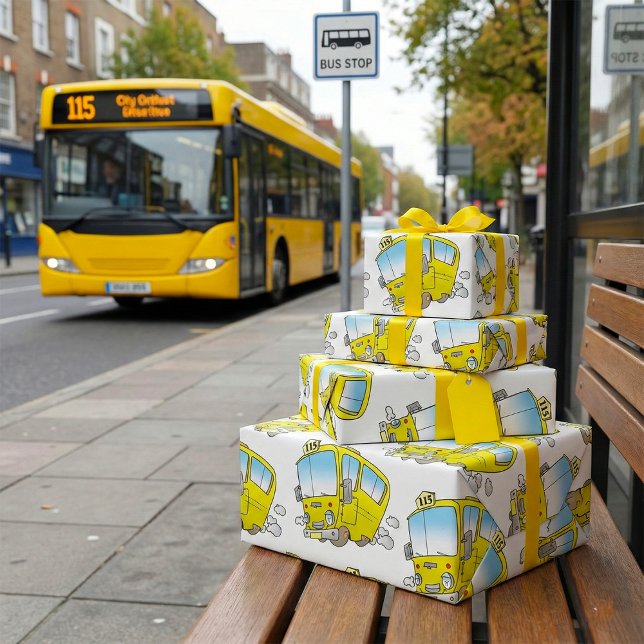 Papel De Presente Feliz Pequeno Ônibus Escolar Amarelo (Criador carregado)