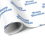 Papel De Presente Feliz presente de Natal branco azul-judeu em Hanuk<br><div class="desc">Feliz padrão de tipografia azul e branco de Hanukkah,  fofo,  Judaico Holiday,  moderno,  Gift Wrapping Paper. Padrão de texto azul sobre fundo branco.</div>