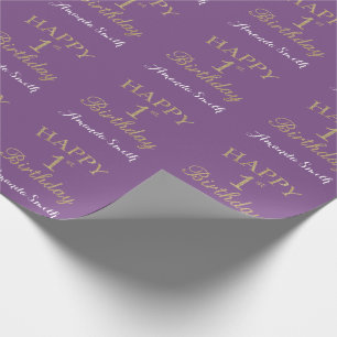 Papel De Presente Feliz primeiro aniversario Dourado brilho e roxo