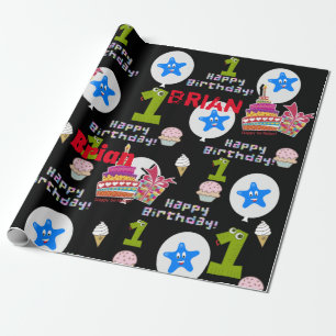 Papel De Presente Feliz Primeiro Aniversário, Enrolando Balões de 