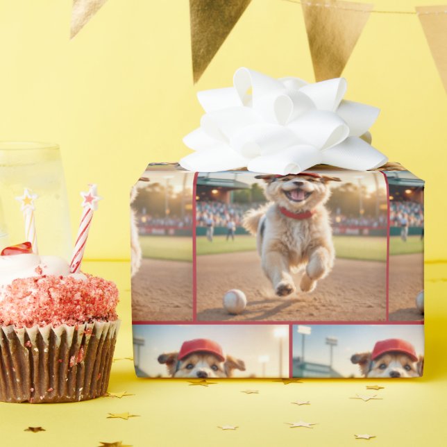 Papel De Presente Feliz Puppy correndo em um campo de beisebol (Festa de aniversário)