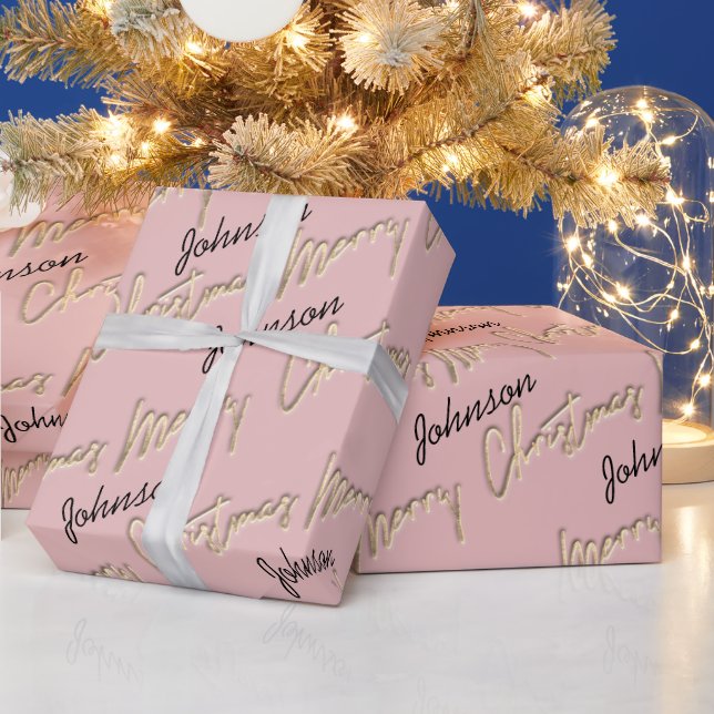 Papel De Presente Feliz Rosa de Natal - Nome de Script Dourado Blush (Feriados)
