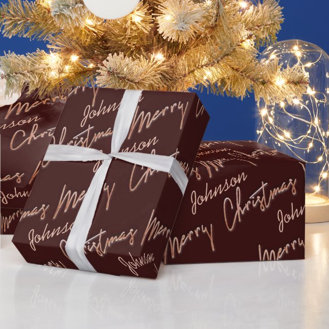 Papel De Presente Feliz Rosa de Natal - Script Dourado Do Nome Borde (Feriados)