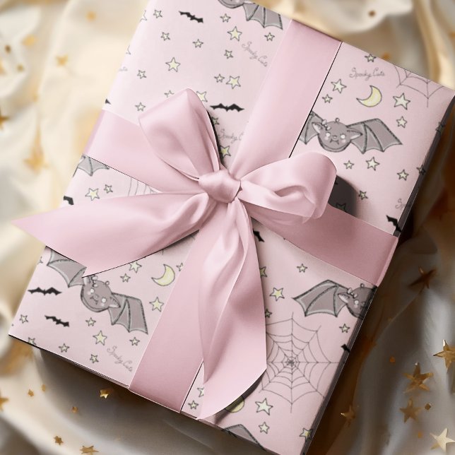 Papel De Presente Feliz, Rosa, Feliz, Feliz Dia das Bruxas (Adorable Kids Halloween Spooky Cute Bats, Moons, Stars, Spider Webs & Hand-written "Spooky Cute".)