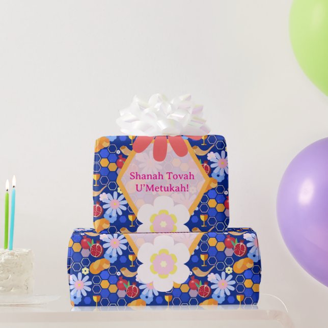 Papel De Presente Feliz Rosh Hashanah Jewish Ano Novo Padrão Floral (Presentes para festas)