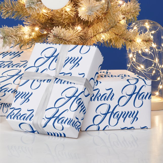 Papel De Presente Feliz script elegante judeu azul e branco Hanukkah (Feriados)