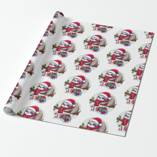 Papel De Presente Feliz Sleepy Christmas Sloth (Desenrolado)