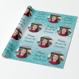 Papel De Presente Feliz Sweet 16 Brilho Azul Turquesa Caindo & Foto