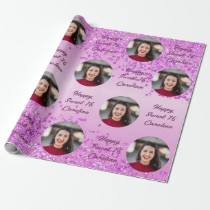 Papel De Presente Feliz Sweet 16 Queda de Glitter Rosa & Foto
