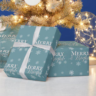 Papel De Presente Feliz Teal e Flocos de Neve Brilhantes