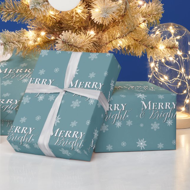 Papel De Presente Feliz Teal e Flocos de Neve Brilhantes (Feriados)