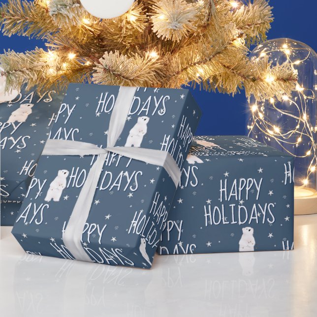 Papel De Presente Feliz Urso Polar nas Estrelas (Feriados)