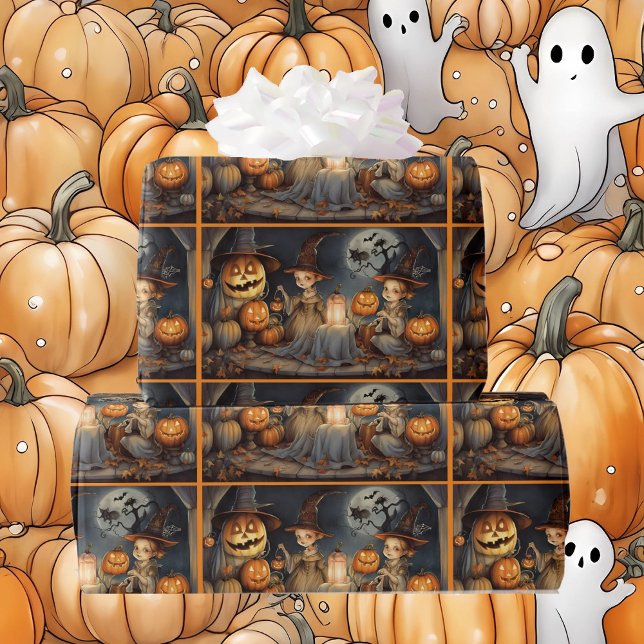 Papel De Presente Felizes Bruxas de Halloween e Pumpkins Aniversário (Criador carregado)