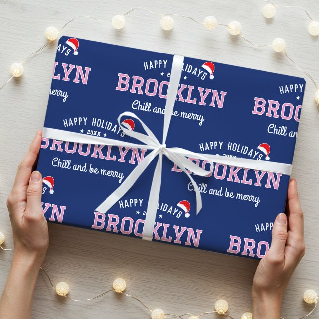 Papel De Presente Felizes Férias Nome Natal Santa Hat Marinho Rosa (Criador carregado)