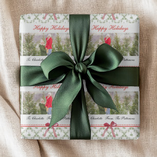 Papel De Presente Felizes Festas Foto com Laço Vermelho de Musgo