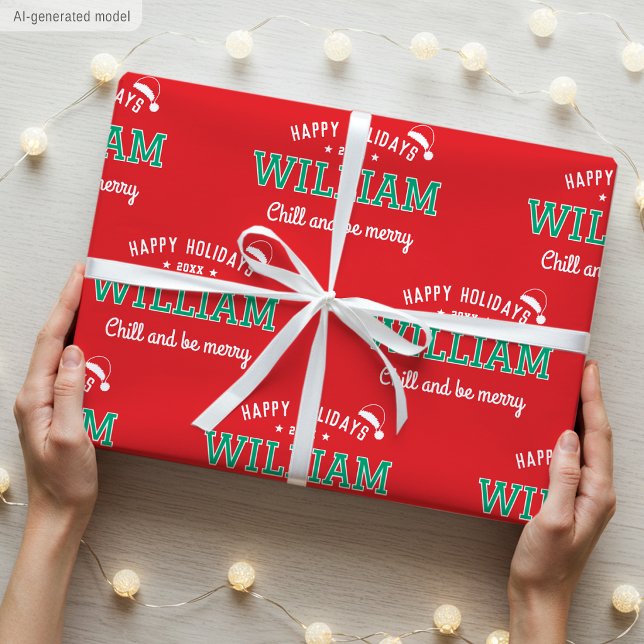 Papel De Presente Felizes Festas Nome Natal Chapéu do Papai Noel Ver (Criador carregado)