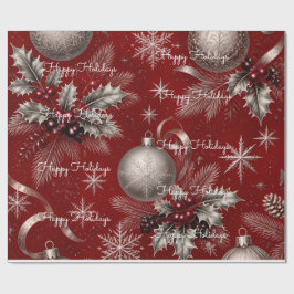 Papel De Presente Felizes Festas Xadrez Vermelho Prata Natal