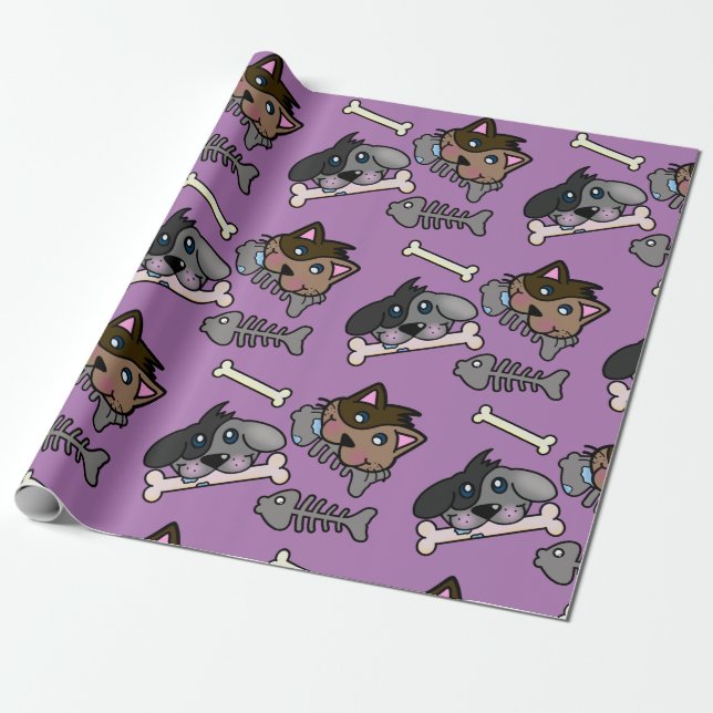 Papel De Presente Felizes gatos e cães de estimação com osso de peix (Desenrolado)
