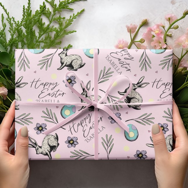 Papel De Presente Felzs pascoa de Pastel Rosa (Colorul Pink Happy Easter Wrapping Paper for Kids with Custom Name, Easter Bunnies, Eggs, Flowers...)