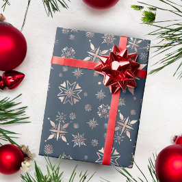 Papel De Presente Feriado Azul com Flocos de Neve Dourados Elegante