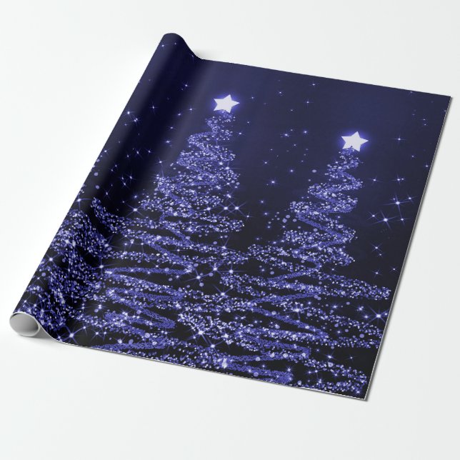 Papel De Presente Feriado azul das árvores de Natal do brilho (Desenrolado)