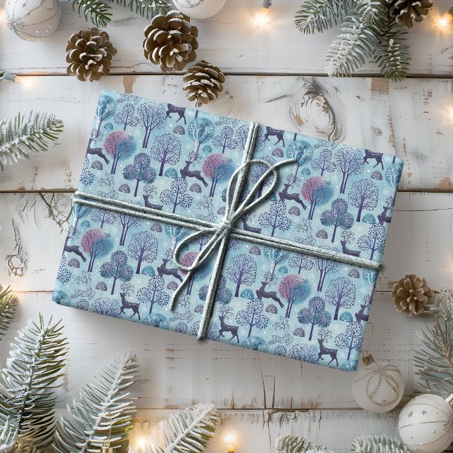 Papel De Presente Feriado Azul e Roxo da Floresta Moderna (Criador carregado)