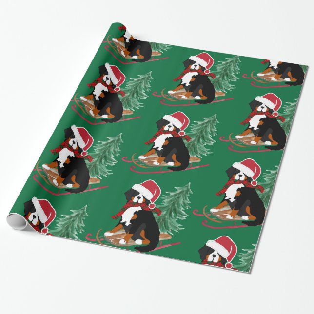Papel De Presente Feriado Bernese Mt Cachorro de Natal Sled (Desenrolado)