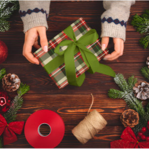 Papel De Presente Feriado Clássico Vermelho e Xadrez Verde