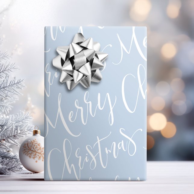 Papel De Presente Feriado da Caligrafia de Natal de inverno Azul (Winter Blue Merry Christmas Calligraphy Holiday Wrapping Paper)