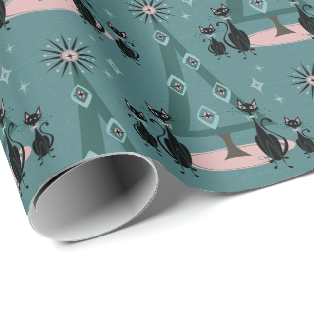 Papel De Presente Feriado da família Cat do meio século em azul (Ponta do rolo)