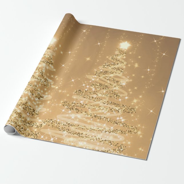 Papel De Presente Feriado das Árvores de Natal com Glitter de Cobre  (Desenrolado)