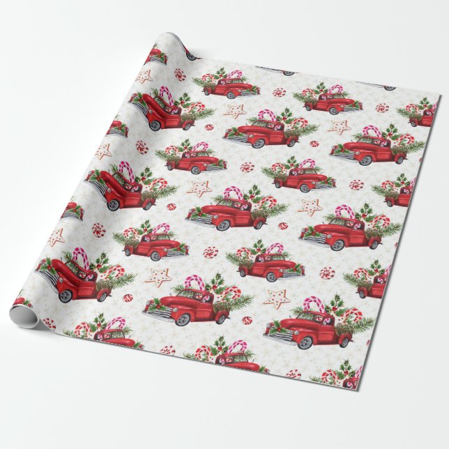 Papel De Presente Feriado de Aquarela da Árvore de Natal Red Car (Desenrolado)