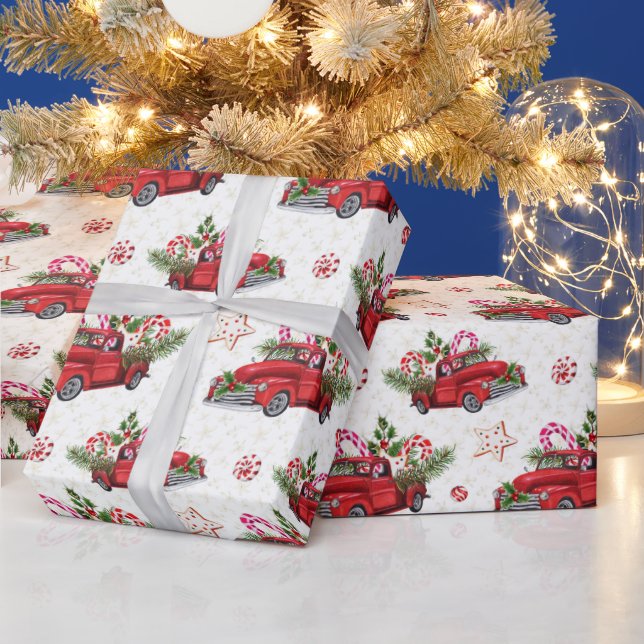 Papel De Presente Feriado de Aquarela da Árvore de Natal Red Car (Feriados)