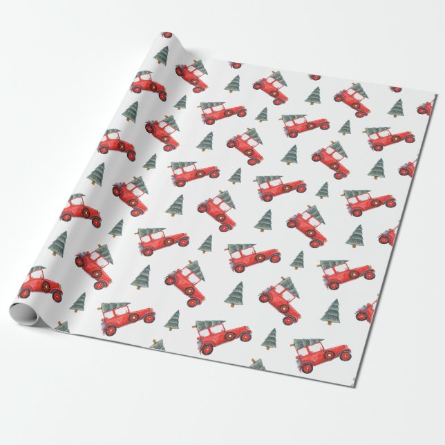 Papel De Presente Feriado de Aquarela de Caminhão de Natal Vermelho (Desenrolado)
