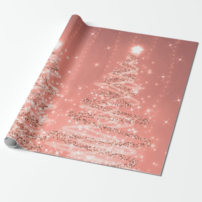 Papel De Presente Feriado de Árvores de Natal Glitter Dourado rosa  (Desenrolado)
