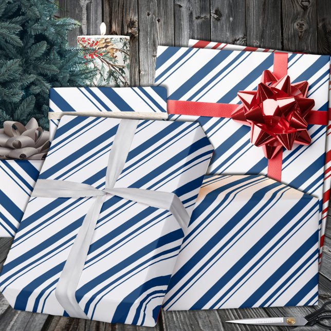 Papel De Presente Feriado de distribuição de canas marinho Blue Cand (Navy Blue Candy Cane Stripe Holiday Wrapping Paper in 6 and 15 foot long 30 Inch Width Rolls.
)