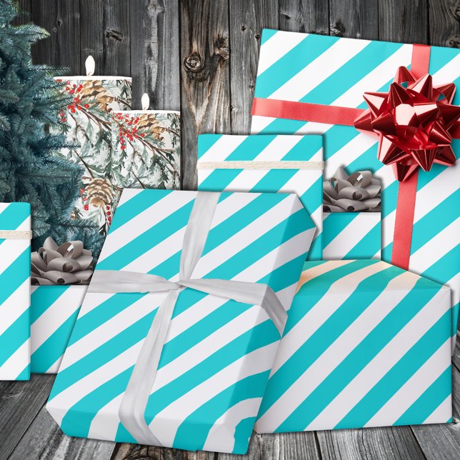 Papel De Presente Feriado de Greve Azul de Turquesa (Turquoise Aqua Blue Wide Stripe Holiday Wrapping in 6 and 15 foot long 30 Inch Width Rolls
)