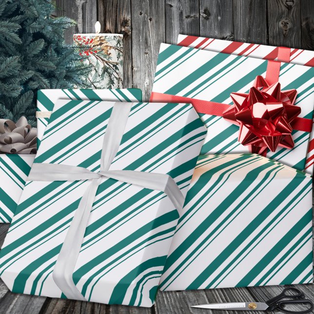 Papel De Presente Feriado de Greve de Canas Verde Teal (Teal Green Candy Cane Stripe Holiday Wrapping Paper in 6 and 15 foot long 30 Inch Width Rolls
)
