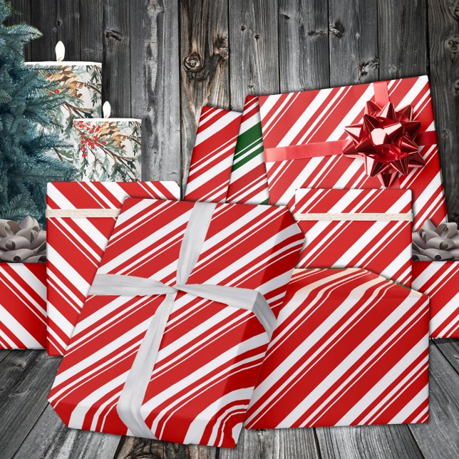 Papel De Presente Feriado de Greve de Canas Vermelhas Brancas (White Red Candy Cane Stripe Holiday Wrapping Paper in 6 & 15 foot long 30 inch tall rolls)