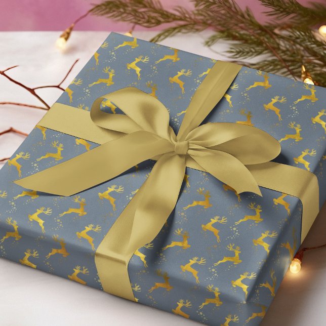 Papel De Presente Feriado de Natal Azul para Reindeer Dourado Elegan (Criador carregado)